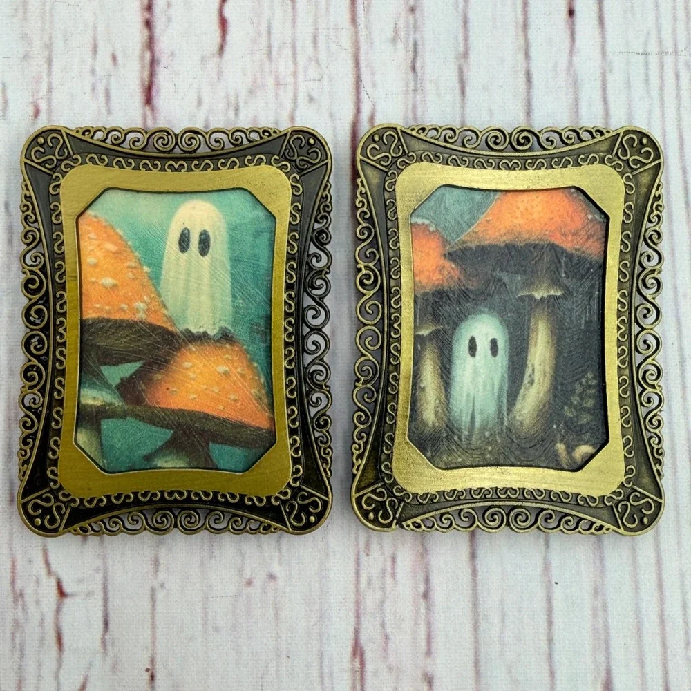 Mini Ghost Mushroom Decoupage Art Prints in Ornate Gold Tone Metal Frames Set 2